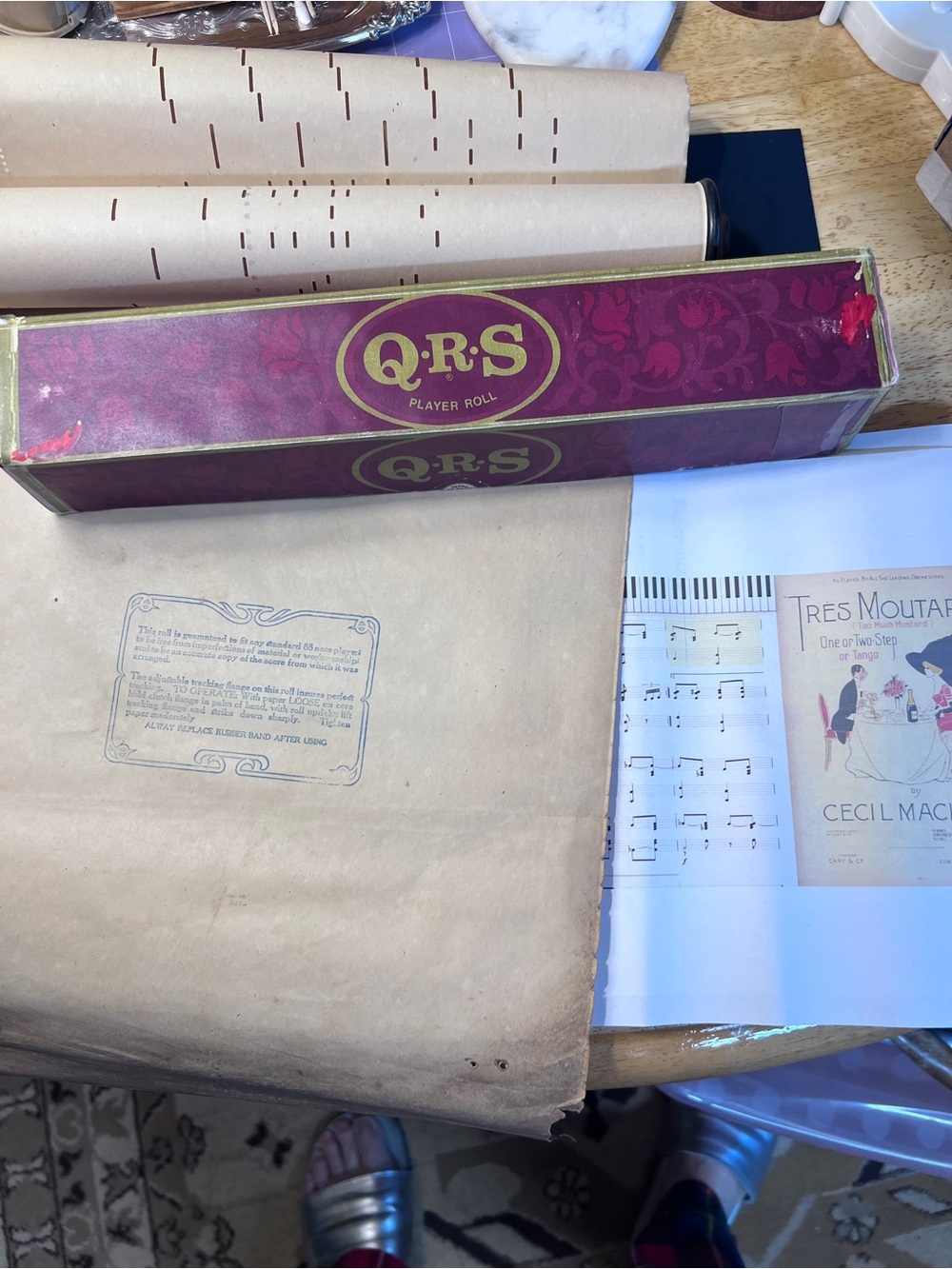 Vintage QRS Piano Player Music Roll in Burgundy and Gold box, “TooMuch Mustard”